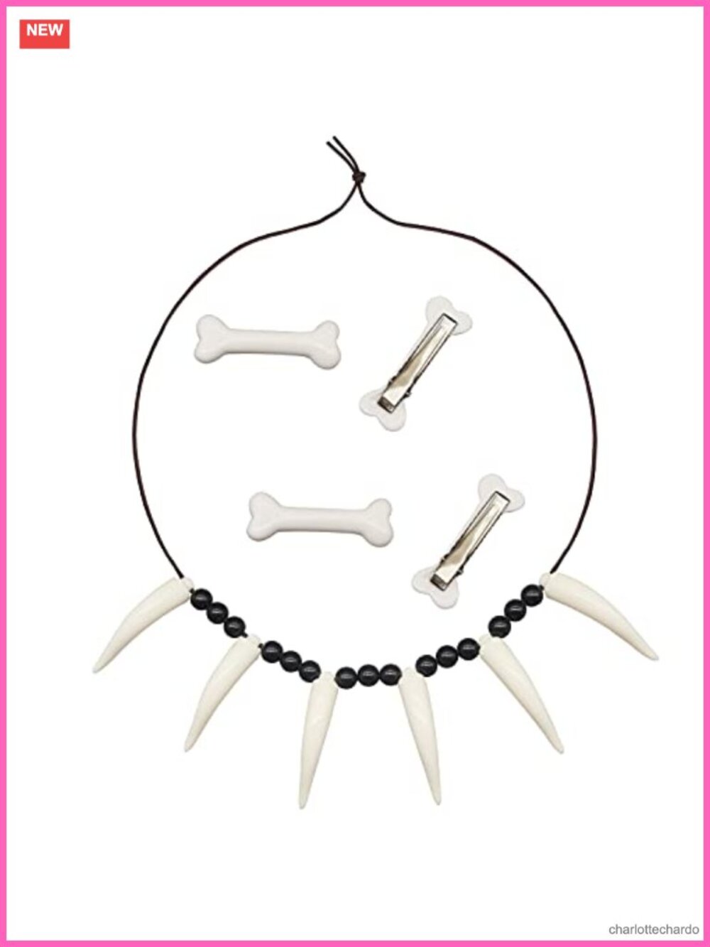 Halloween Bone Necklace & 4 Hair Clips Costume Set Women Gothic Spooky